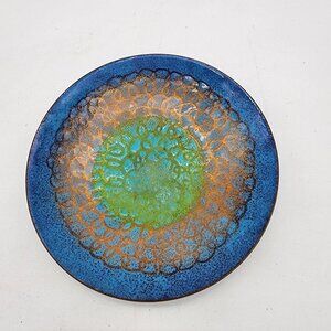 Mid Century Enamel On Copper Plate Signed Elly Edwards Blue & Green Mandala Desi